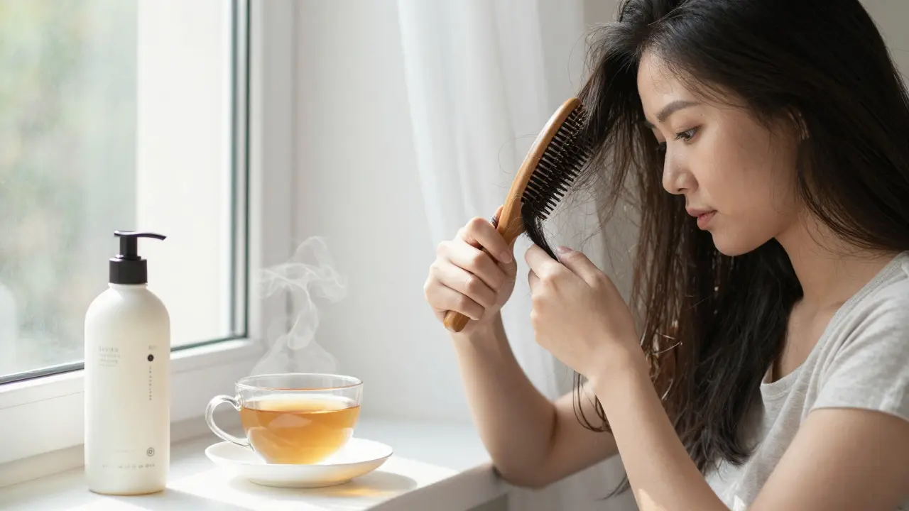 Žena opatrně češe vlasy dřevěným hřebenem při denním světle, vedle ní šampon a čaj.