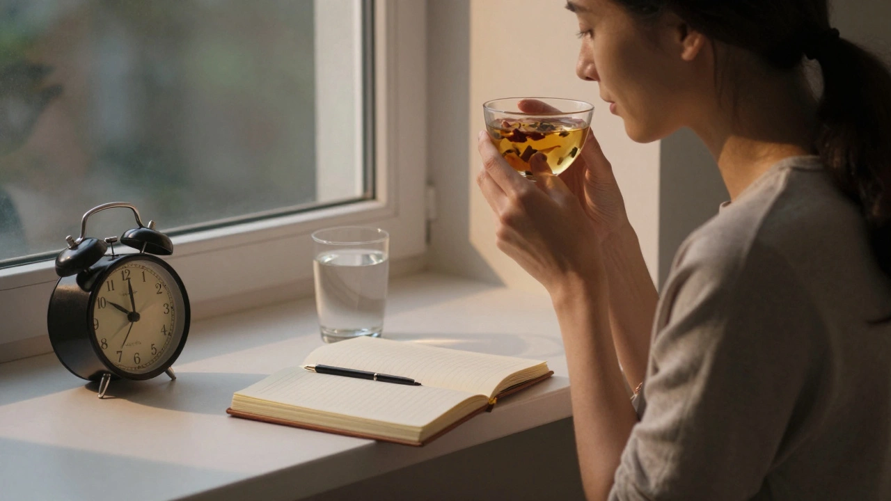 Žena pije jednu šálek bylinného čaje večer, sklo vody a deník vedle ní.