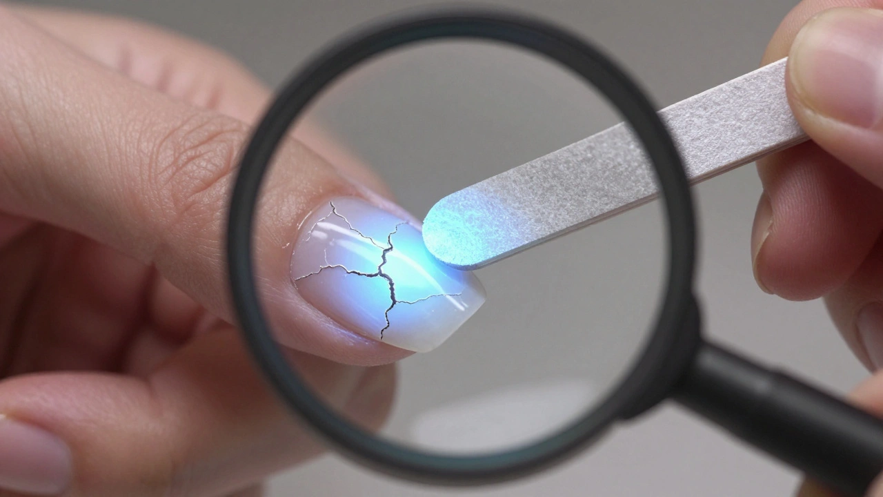 Zvětšený pohled na poškozený gelový nehet a čistý pilník vedle něj, symbolizující opravu.