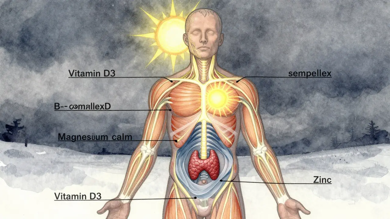 Abstraktní ilustrace lidského těla s vyznačenými vitamíny D3, B a hořčíkem jako světelnými cestami.