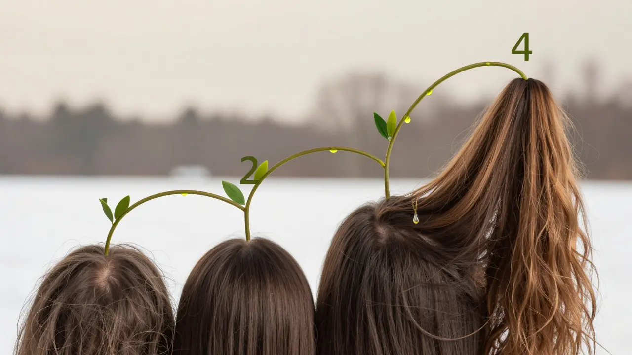 Časová osa vlasů od poškození k obnově, propojená kapkami vlhkosti a oleje, vystupující ze skalpu.
