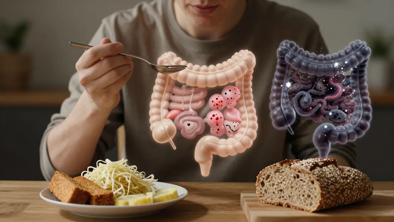 Člověk konzumuje fermentované potraviny, zatímco v jeho střevech probíhá rovnováha mezi zdravými a škodlivými bakteriemi.