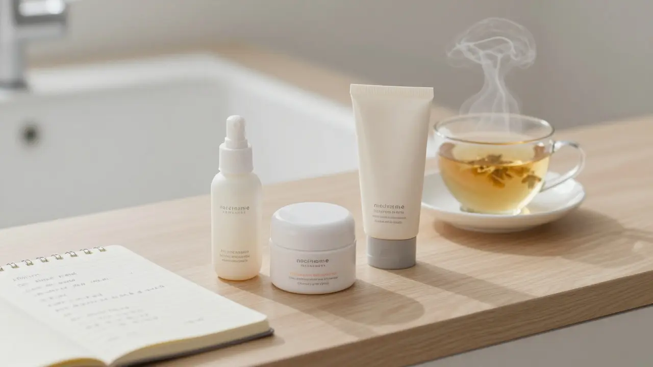 Denní péče o pokožku: tři jemné krémy a poznámky o spouštěčích na stole.
