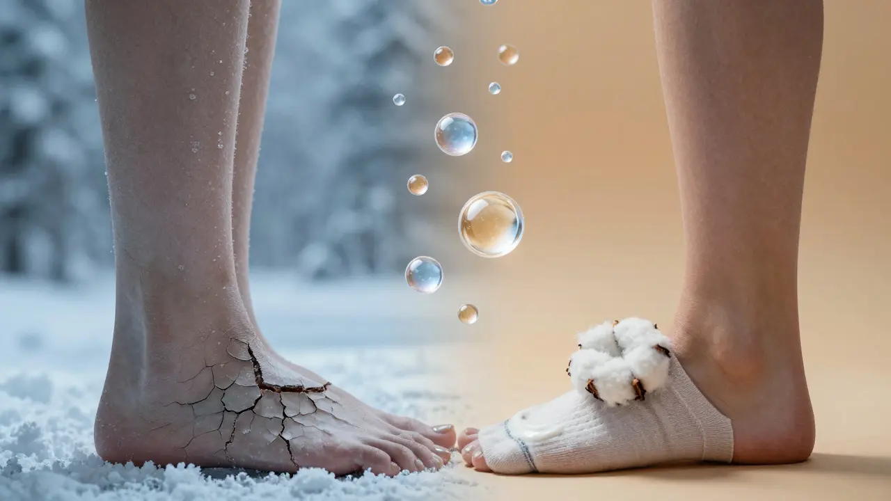 Dvě části kůže: drsná a suchá vlevo, hladká a lesklá vpravo, s mikroskopickými molekulami ochrany.