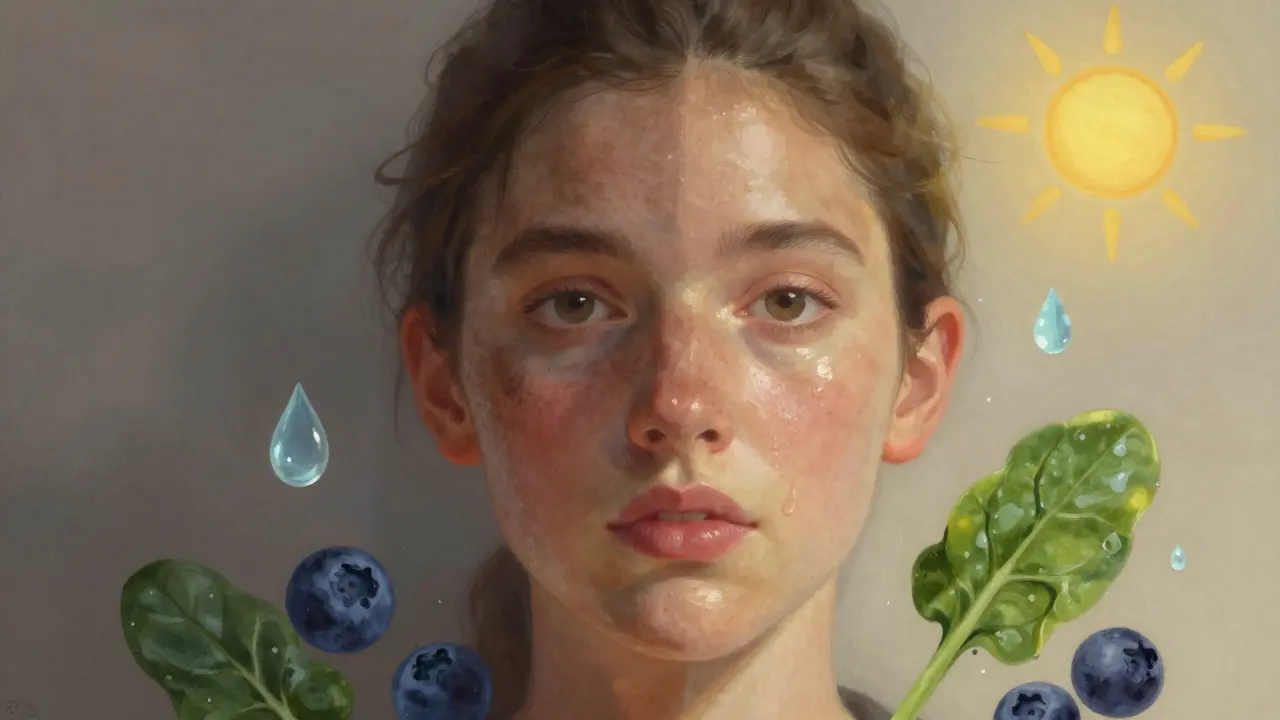 Dvě strany obličeje: jedna stará a poškozená, druhá zdravá a zářící s přirozenými prvky.