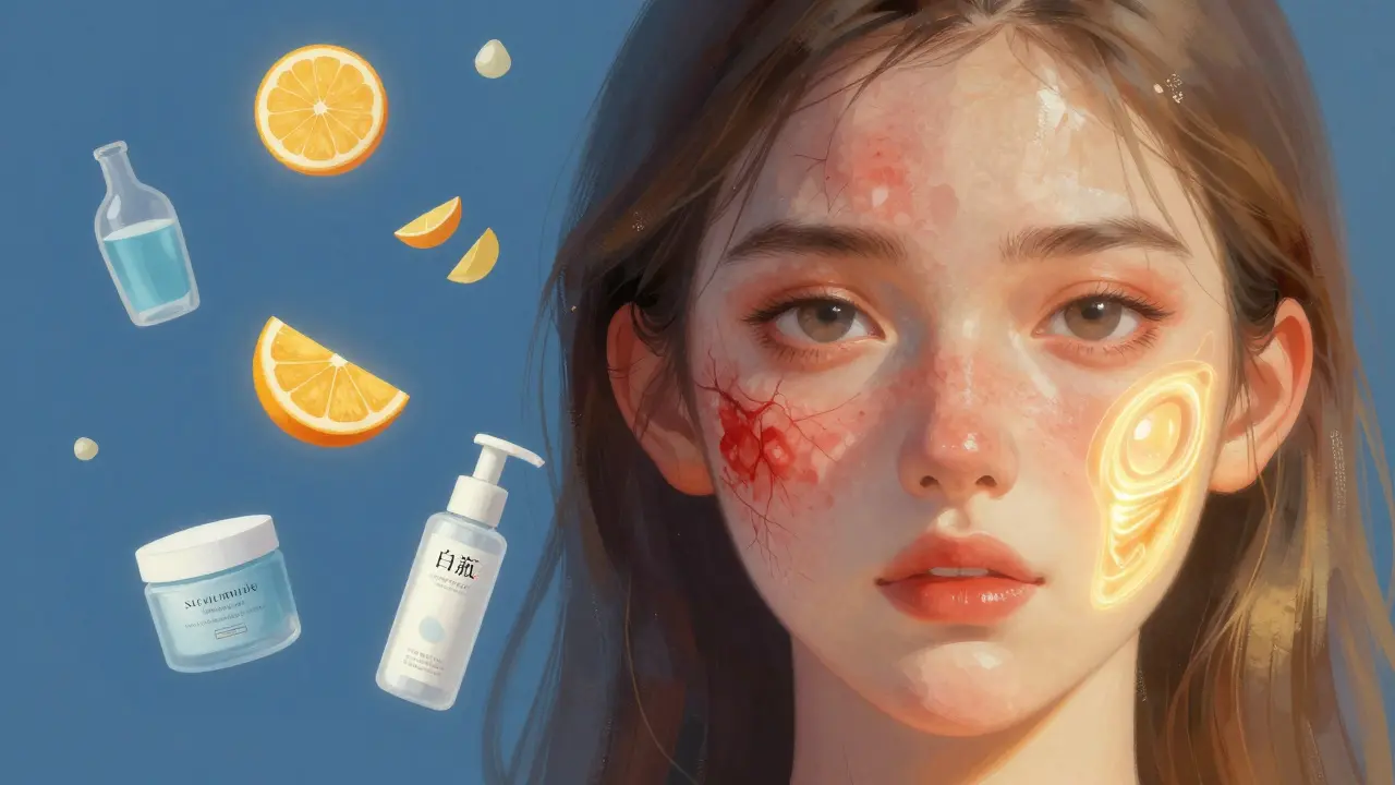 Dvě strany tváře: jedna podrážděná s iritujícími látkami, druhá klidná s ochrannými složkami.