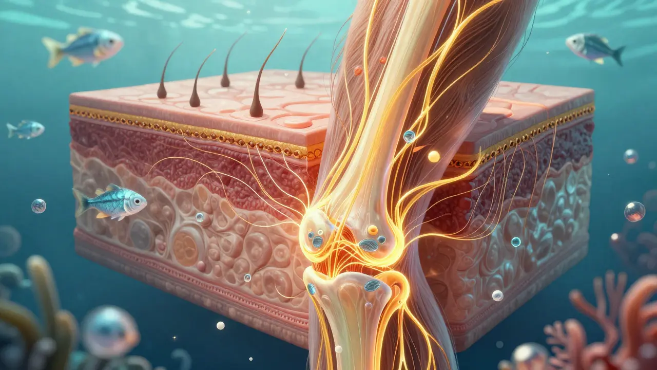Ilustrace kolagenových vláken propojujících kůži, vlasy a klouby s mořskými šupinami.