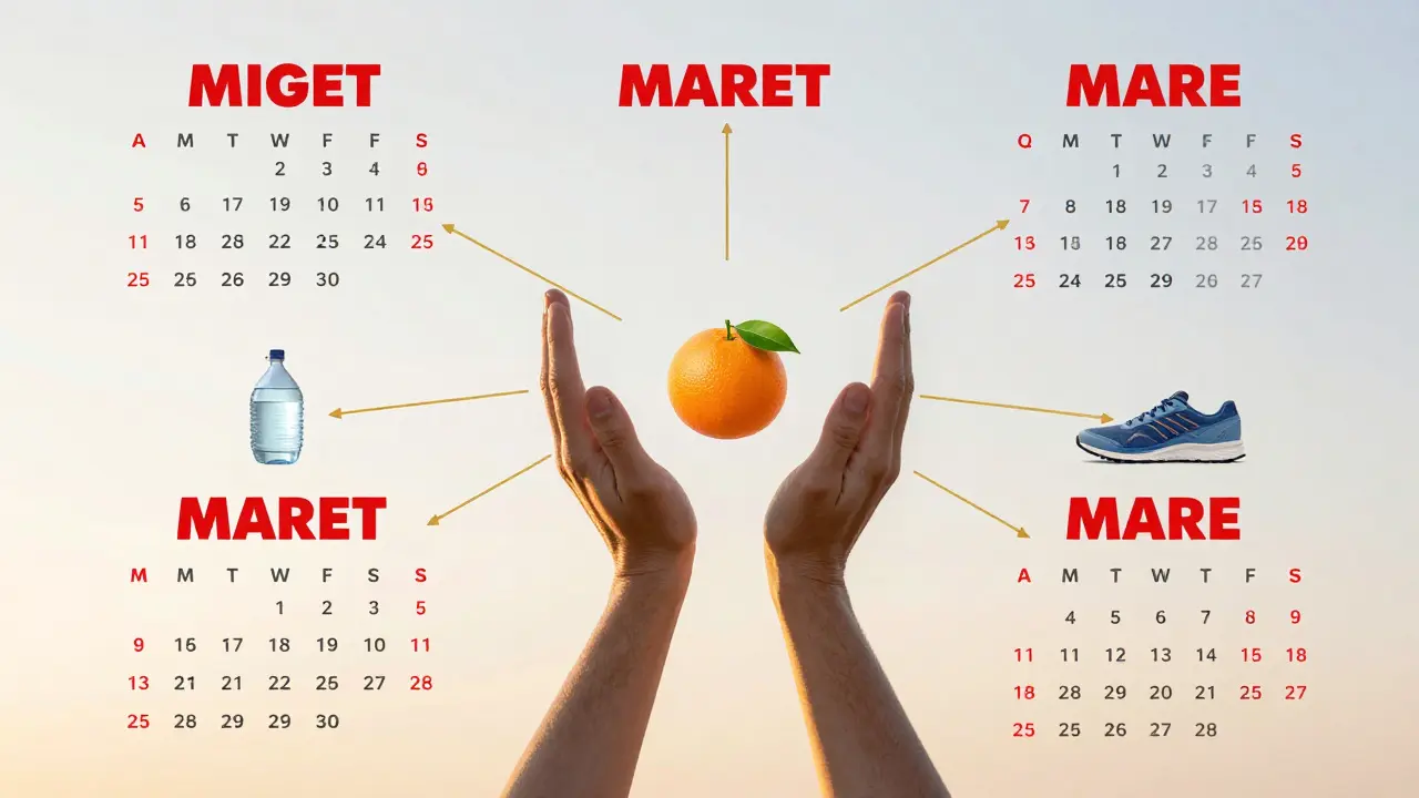 Kalendář s označenými šesti měsíci podpory kolagenu a zdravými zvyky.