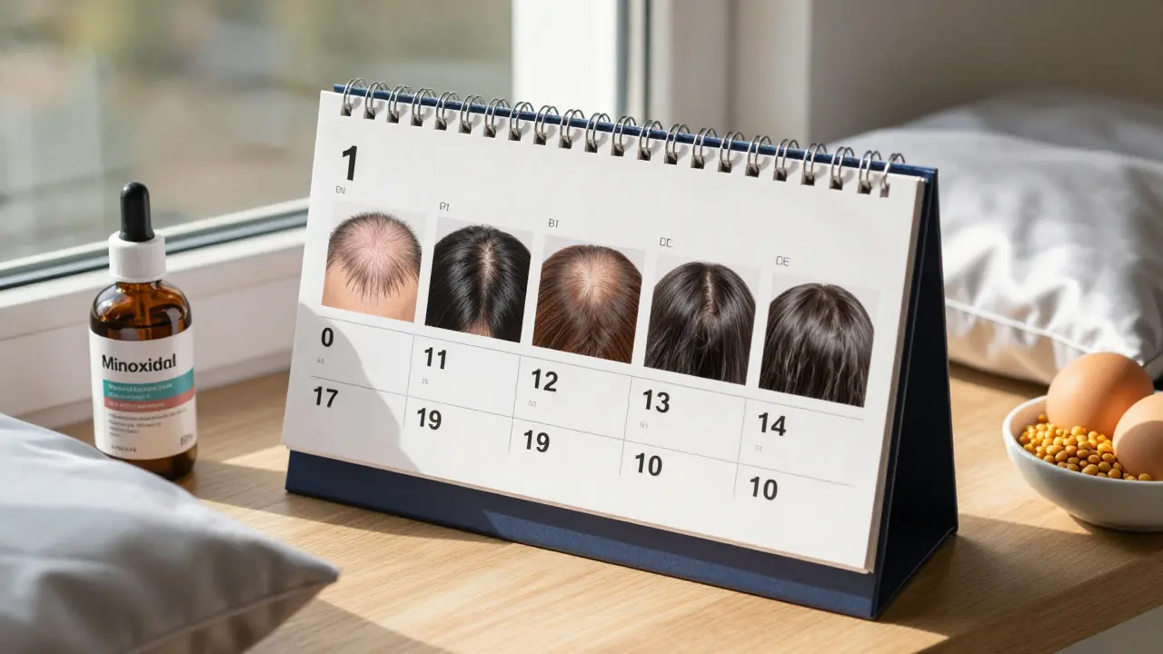 Kalendář ukazující postupný růst vlasů během 12 měsíců s přirozenými prvky.
