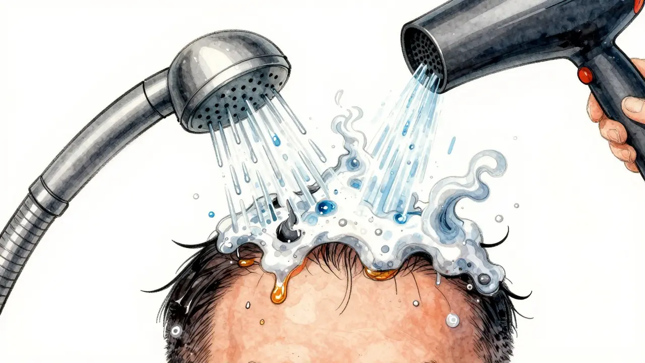 Kožička hlavy s proudem horké vody a chemikáliemi ničícími přirozené oleje.