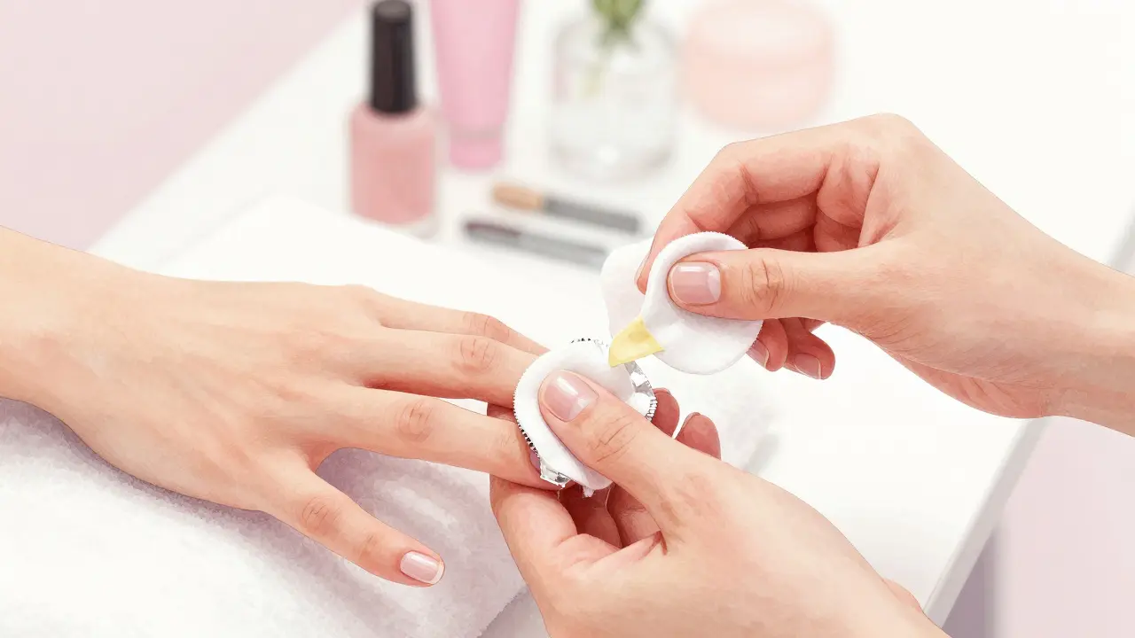 Kozmetička odstraňuje Shellac pomocí vátých kuliček a fólie, klientka klidně odpočívá.