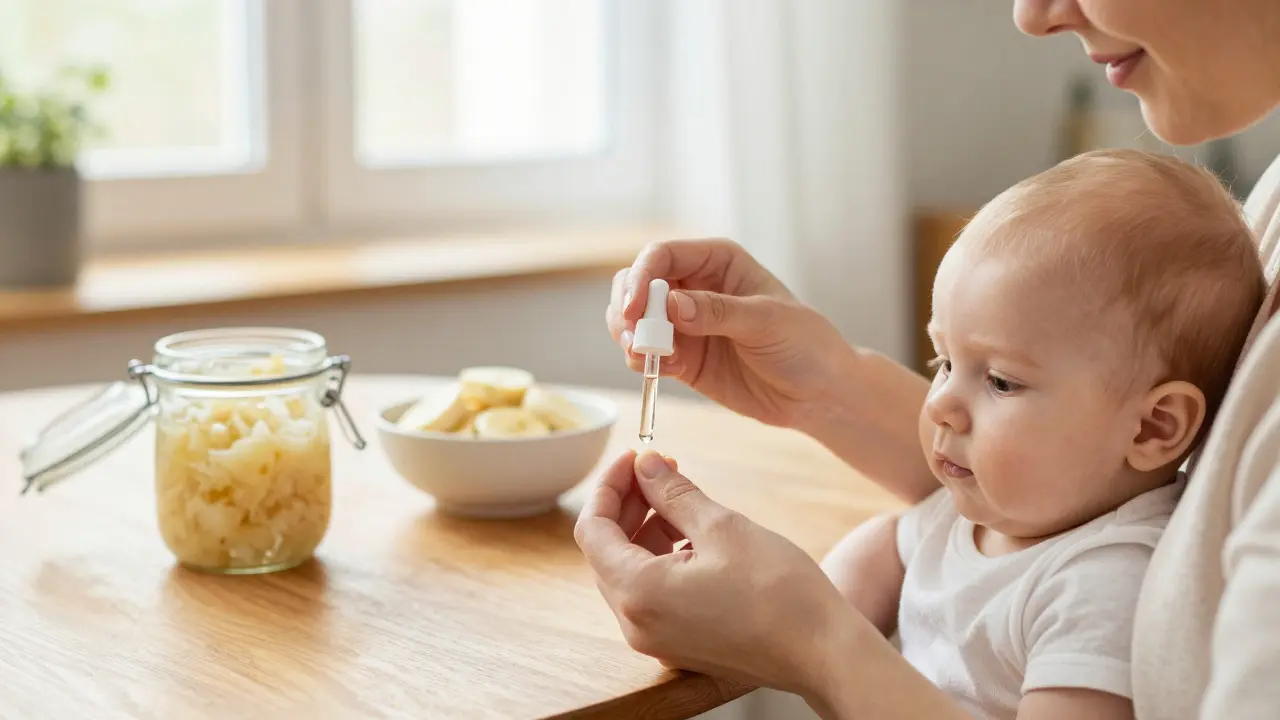 Matka podává probiotika novorozenci s kvašenými potravinami na pozadí.