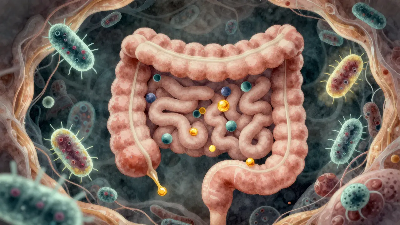 Mikroskopický pohled na střevní buňky s laktobacily, které vyrábějí živné kyseliny a brání škodlivým bakteriím.