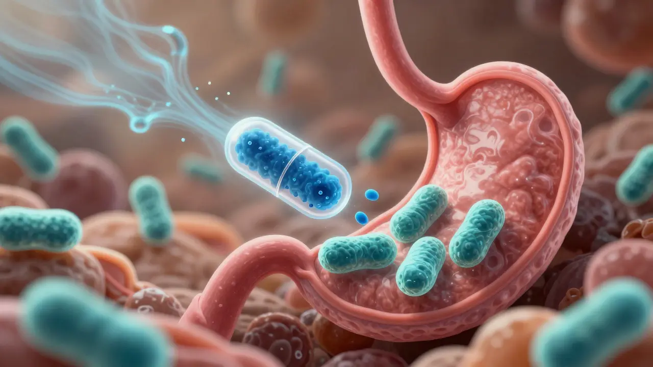 Mikroskopický pohled na živé bakterie přežívající cestu do střev.