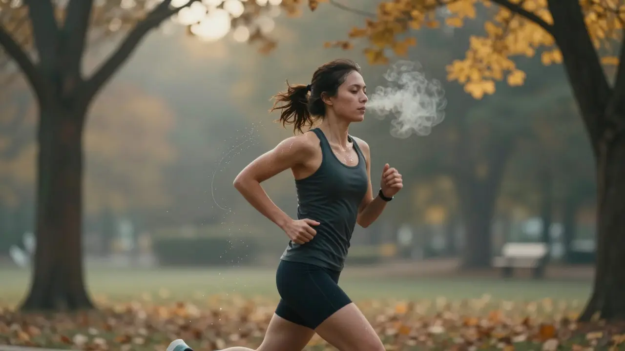 Osoba běží v parku při svitu rána, pot vyzařuje toxiny.