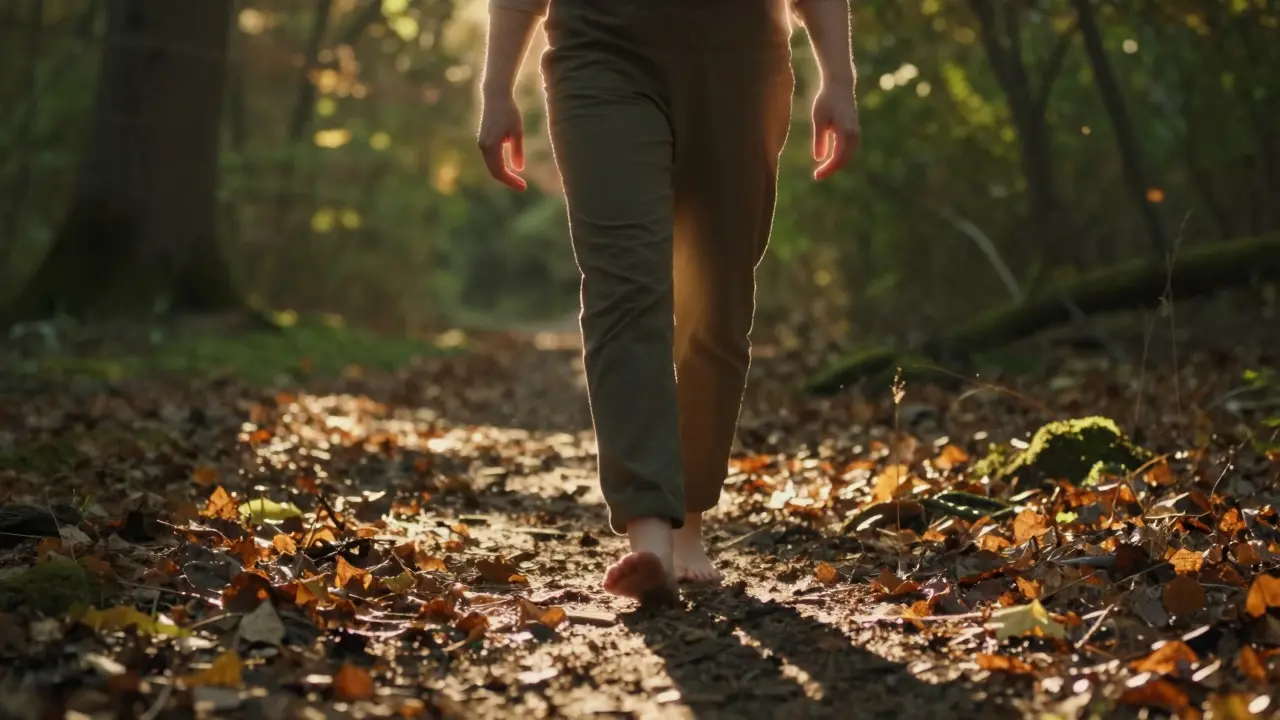 Osoba prochází lesem na slunci bez sluchátek, cítí klid a obnovu energie.