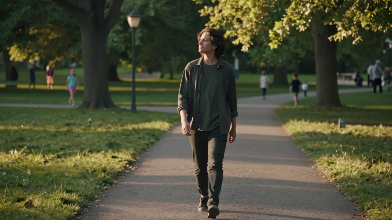 Osoba se pomalu prochází parkem, bez telefonu, pozoruje přírodu ve zlatém světle.