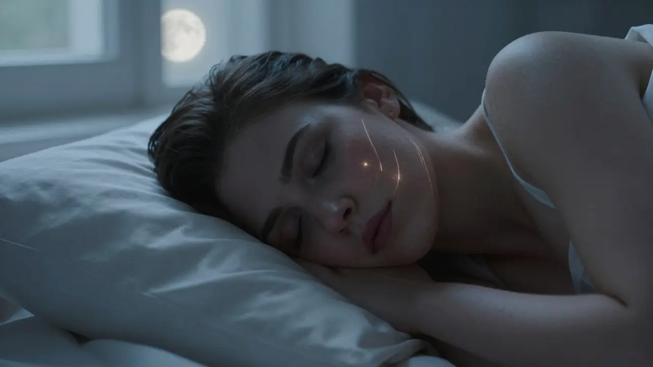 Osoba spí na břiše s tváří na polštáři, viditelné poškození kolagenu pod kůží.