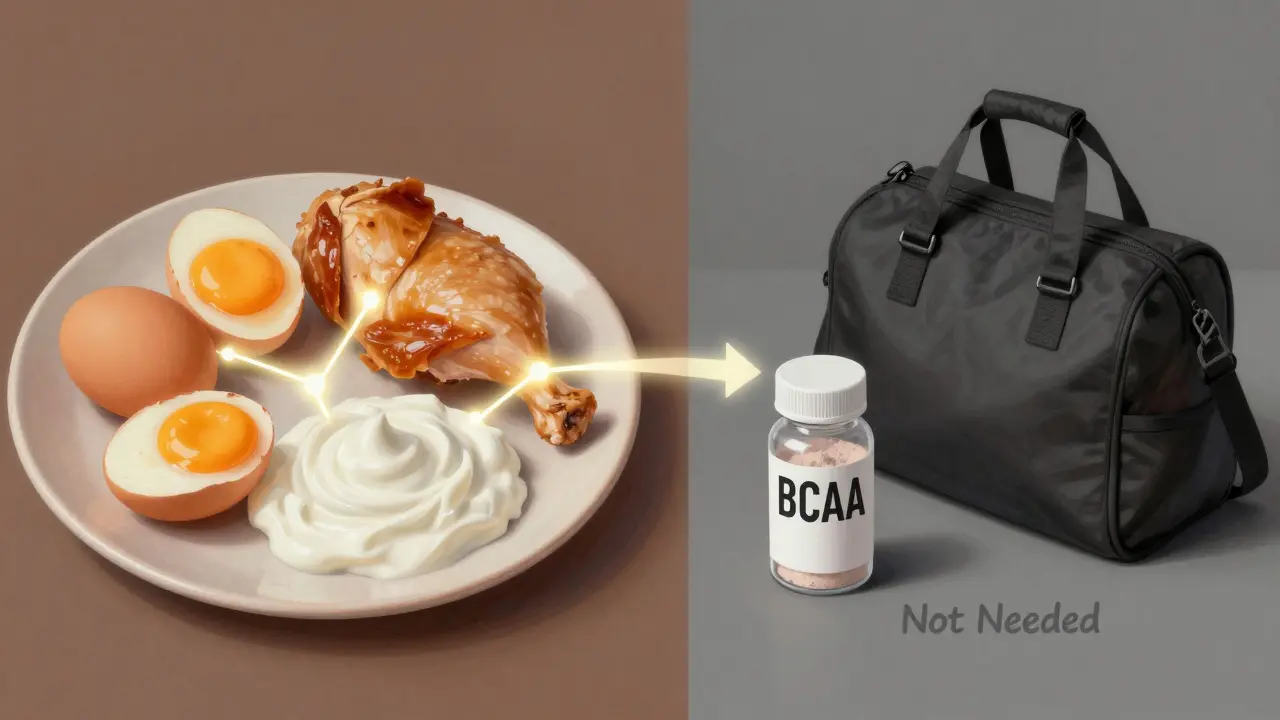 Porovnání celistvé výživy a BCAA jako doplňku v konceptuální ilustraci.