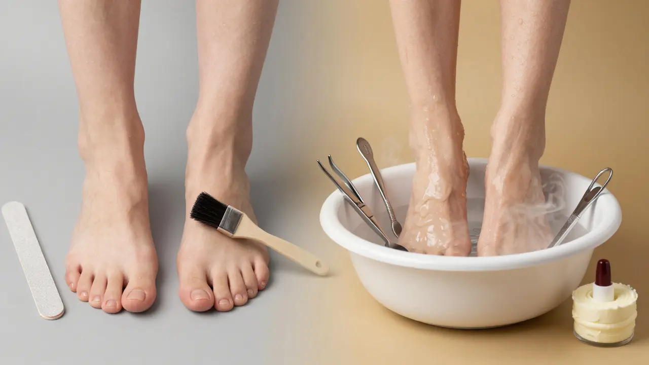 Porovnání rychlé a kompletní mokré pedikúry: rychlá verze vs. detailní péče.