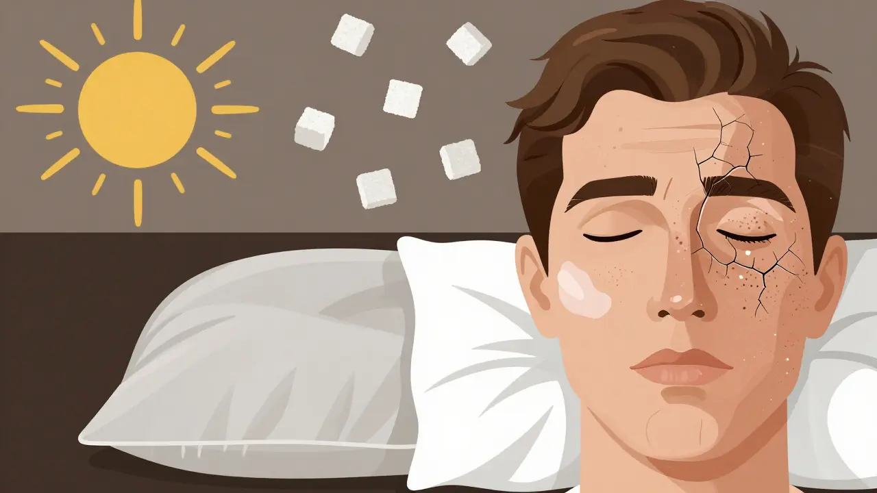 Porovnání zdravé pleti s poškozenou pletí kvůli denním návykům jako slunce, cukr a polštář.