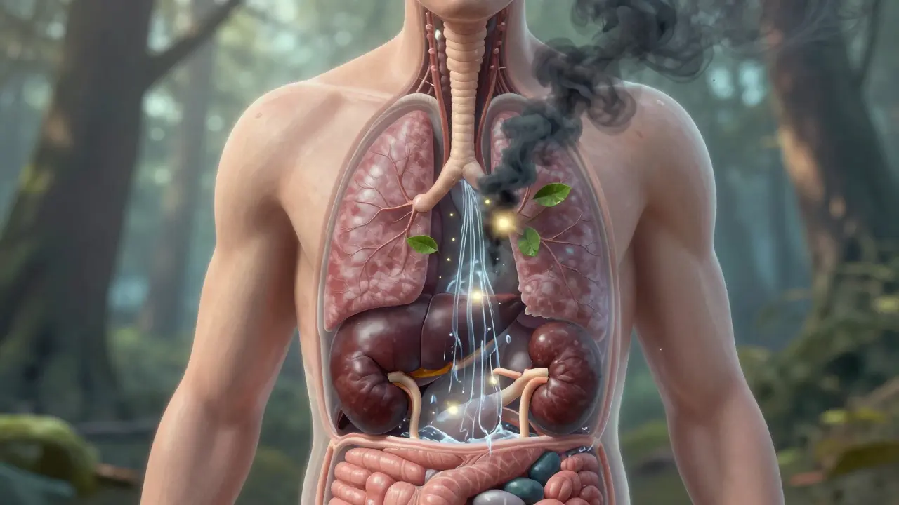 Průhledný lidský tělo s čistícími orgány, které odstraňují toxiny pomocí vody a listů.