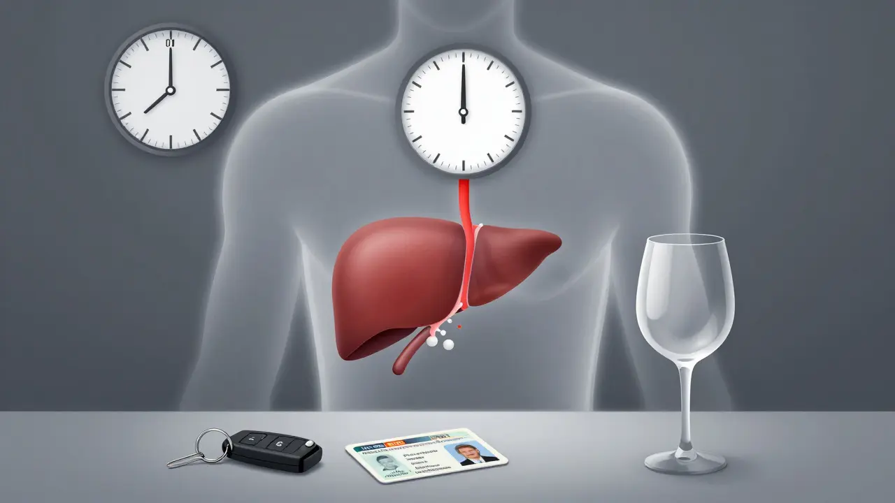 Průhledný lidský tělo s molekulami alkoholu v játrech a hodinami ukazujícími časový proces detoxikace.