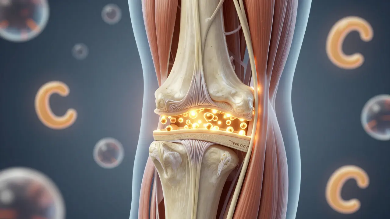 Průřez kloubu s kolagenovými vlákny a vitamínem C, vizualizace regenerace chrupavky.