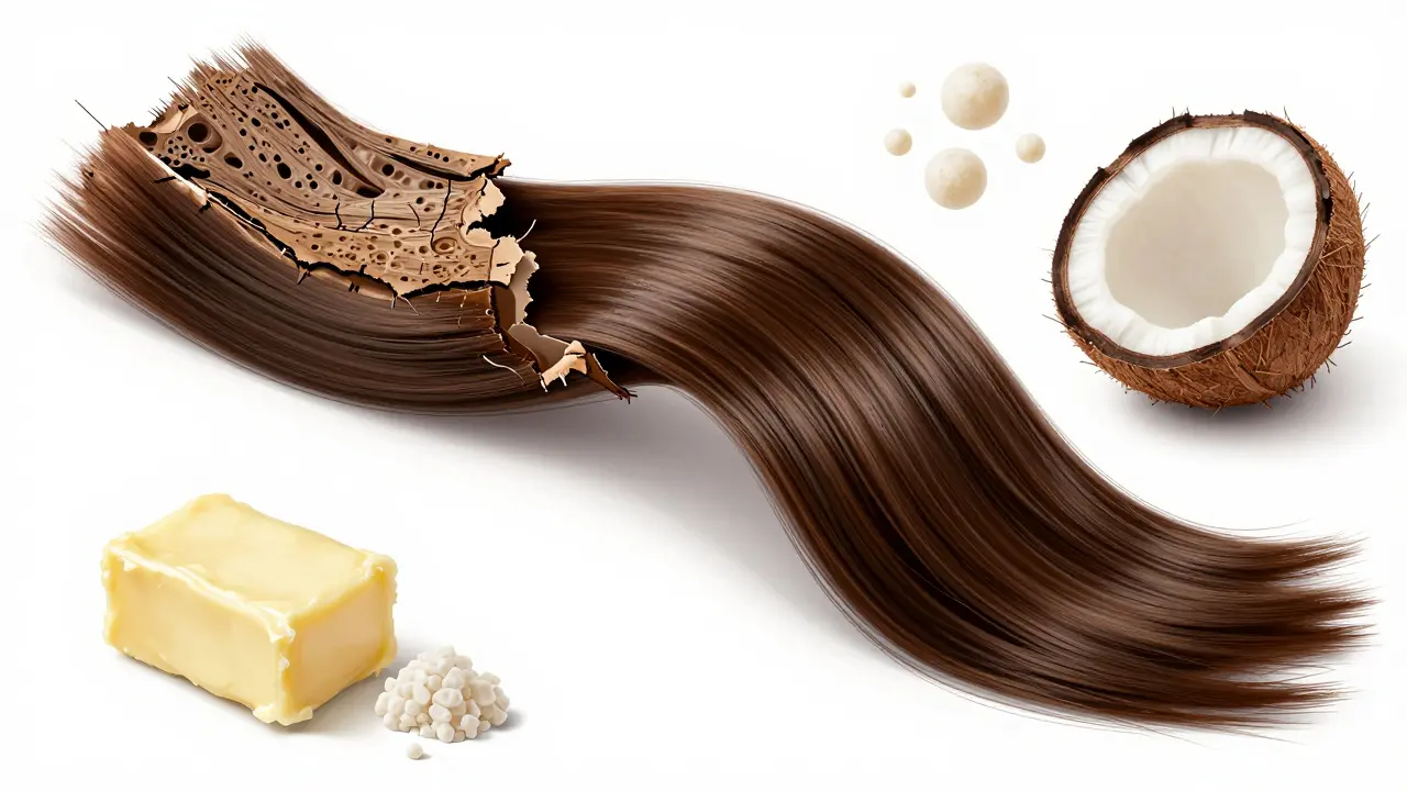 Rozdělený vlas: poškozená strana s porézní kůrou a zdravá strana s leskem, obklopená přírodními ingrediencemi.