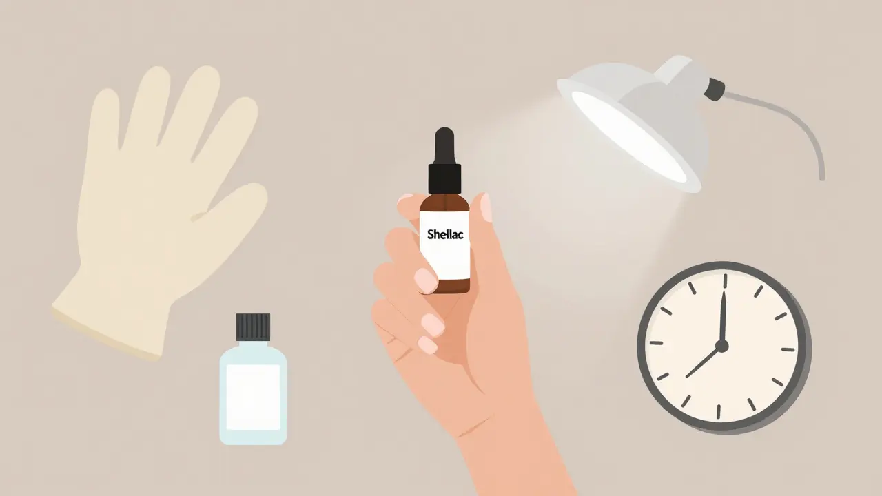 Ruka s Shellac nehty a symboly ovlivňující trvanlivost: rukavice, acetón, UV lampa