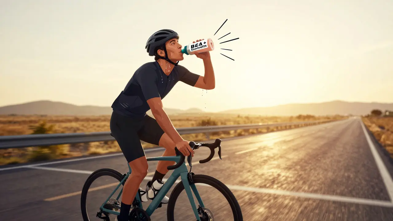 Sportovec během dlouhého cyklistického tréninku pije nápoj s BCAA.