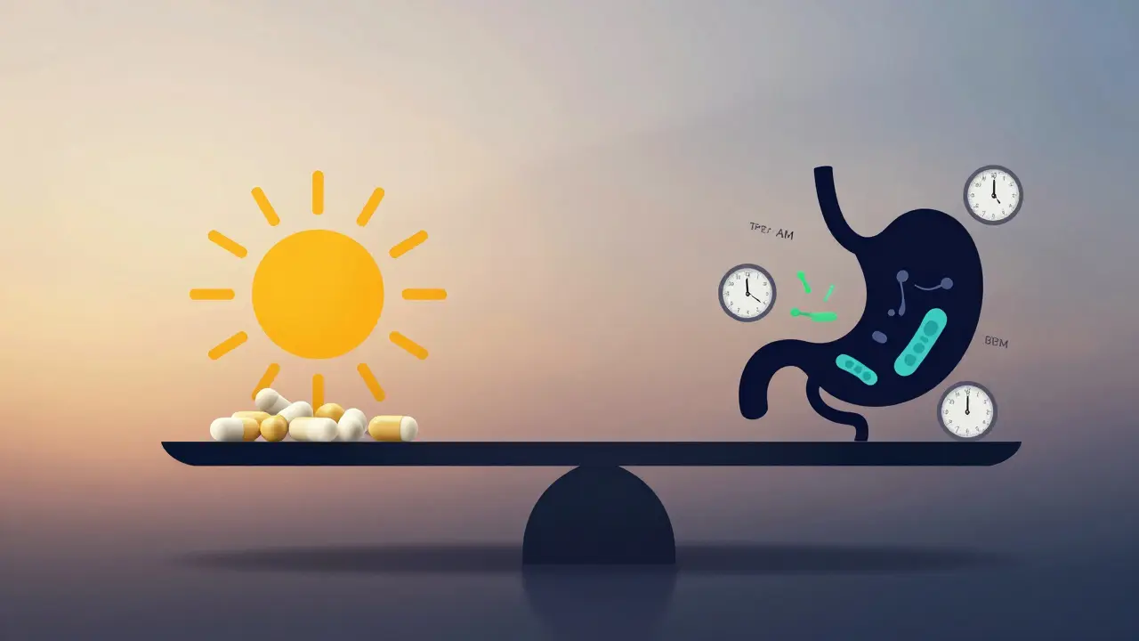 Symbolická rovnováha mezi správným a špatným časem pro užívání probiotik.