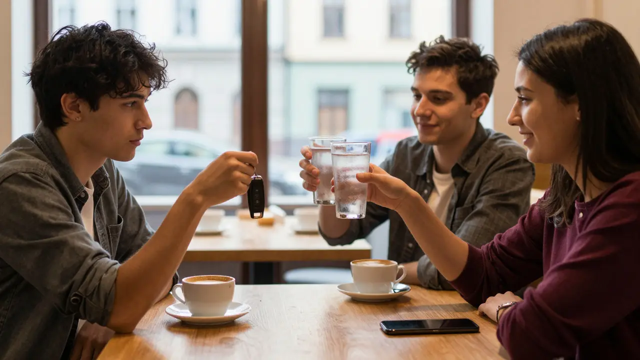 Tři přátelé u stolu — jeden drží autoklíče, druhý toastuje bezalkoholický nápoj, třetí objednává taxi.