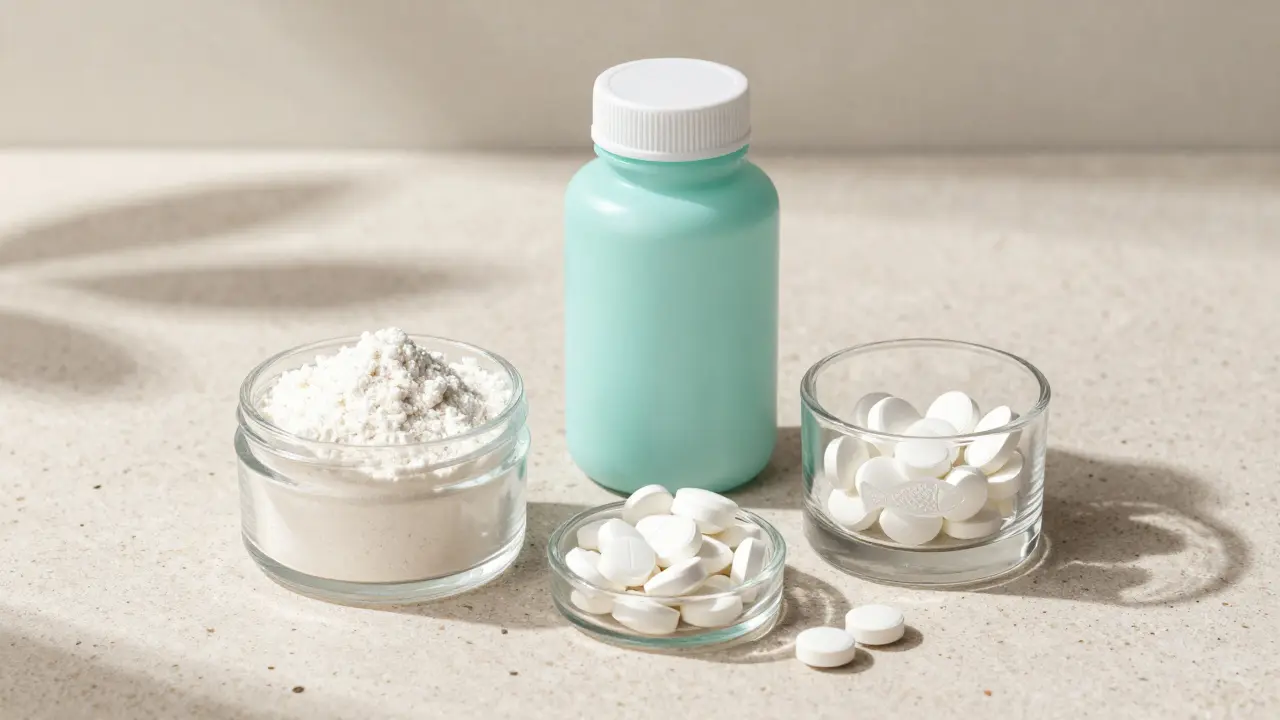 Tři skleněné nádoby s mořským kolagenem, vitamínem C a motivem rybí šupiny.