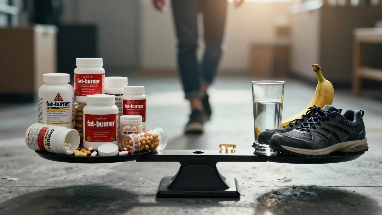 Váha s nezdravými doplňky na jedné straně a základními zdravými prvky na druhé.