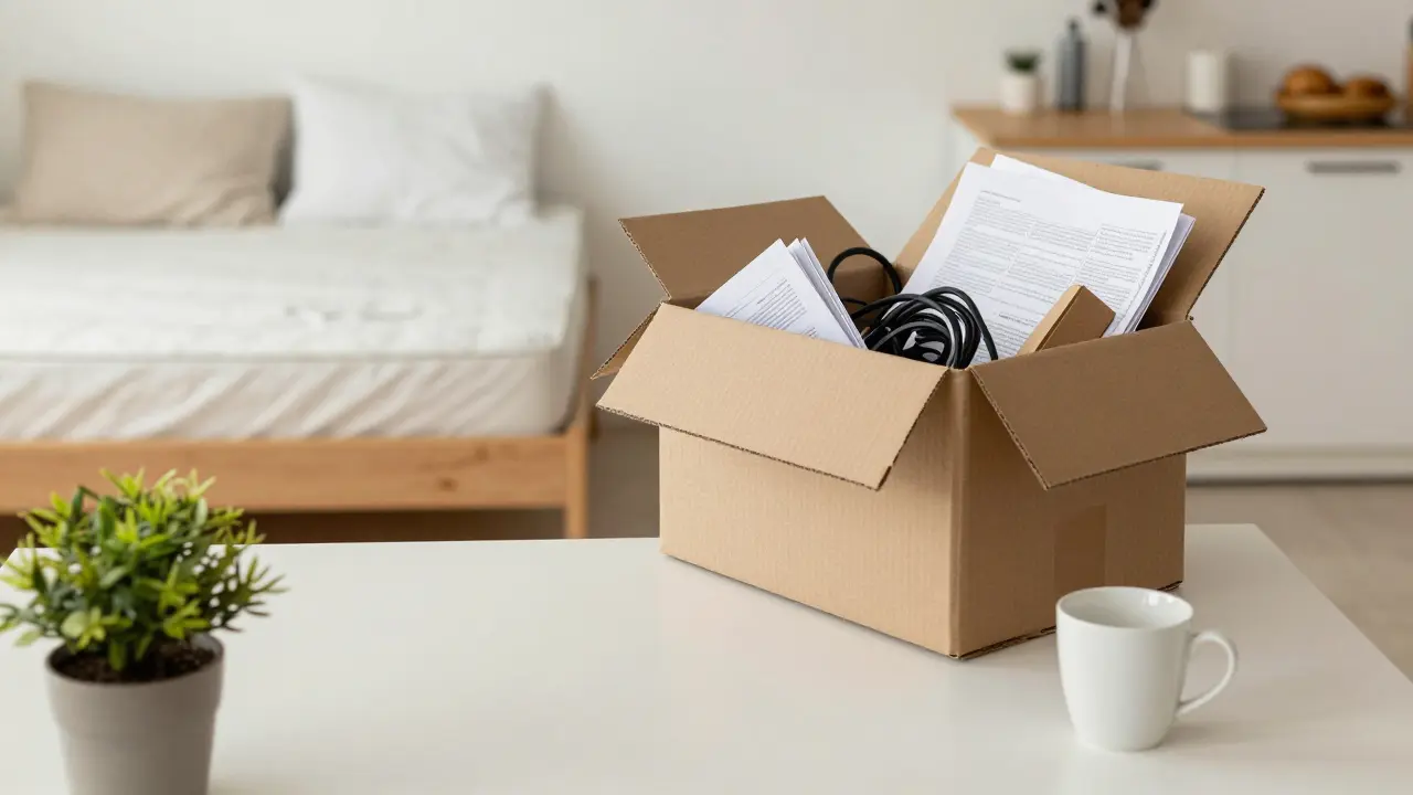 Vyčištěná kuchyňská stůl s jediným květinou a krabicí s odstraněnými předměty.