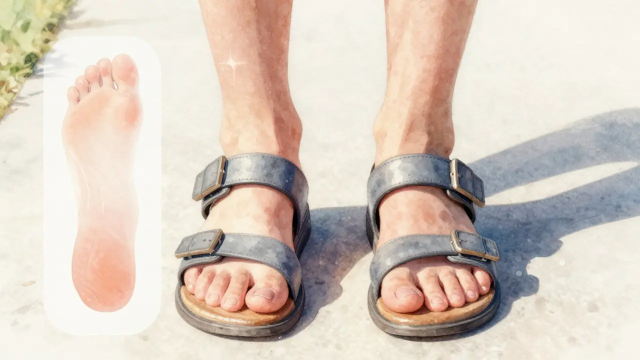 Zdravé nohy v pohodlných sandálech kráčí po slunečné cestě, symbolizující péči.