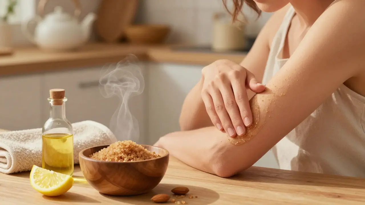 Žena odstraňuje mrtvé buňky cukrovým peelingem na loktech v kuchyni s přírodními ingrediencemi.