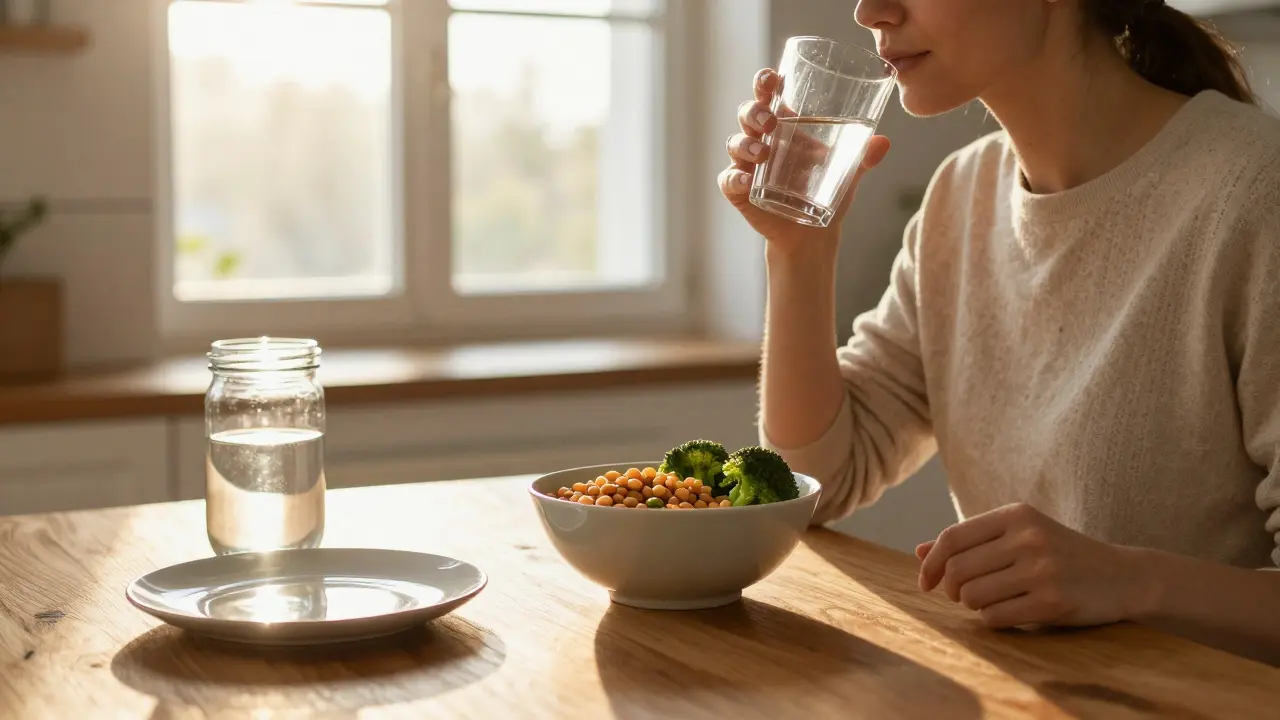 Žena pije vodu ráno s čočkou a brokolici pro podporu hormonální rovnováhy.