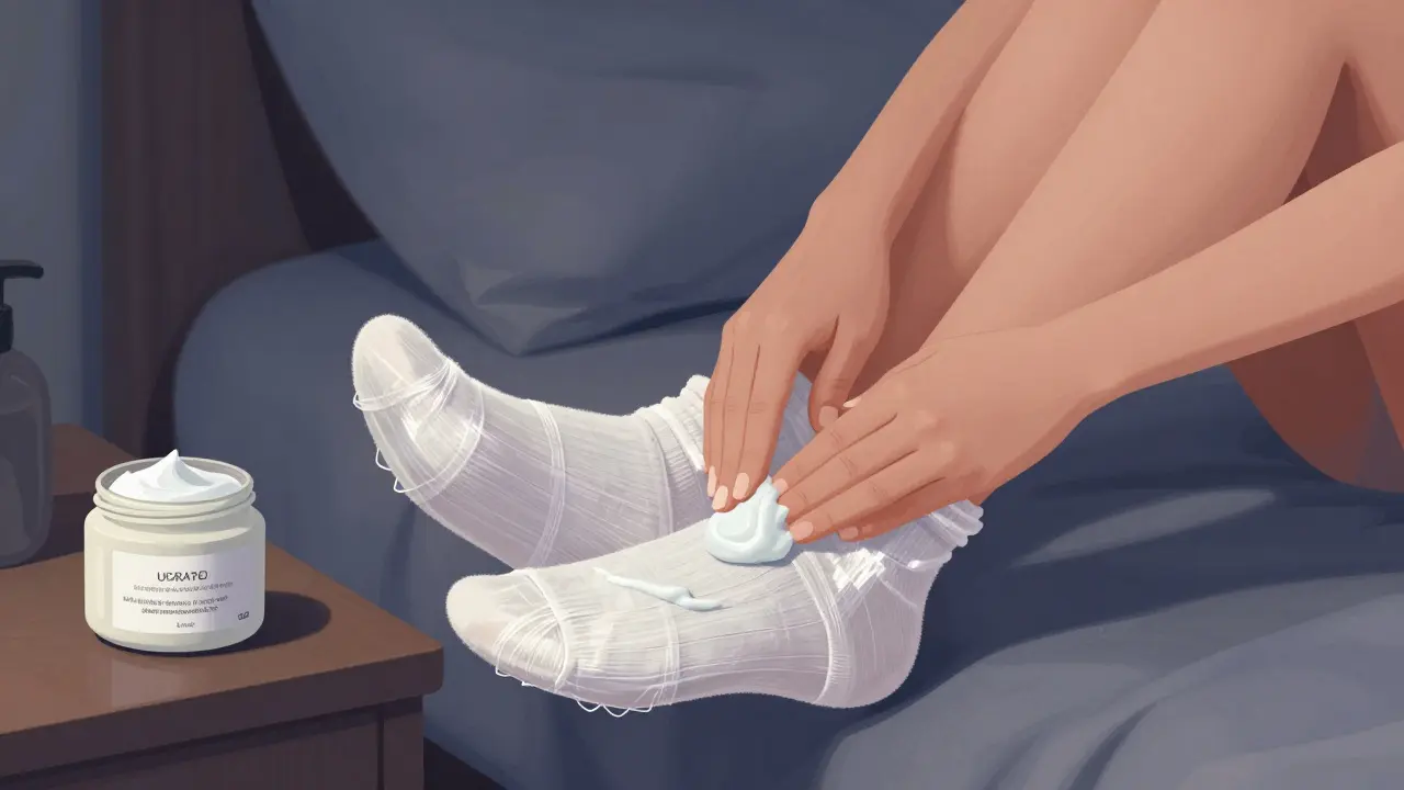 Žena si namazává nohy krémem a obaluje je ponožkami přes noc.