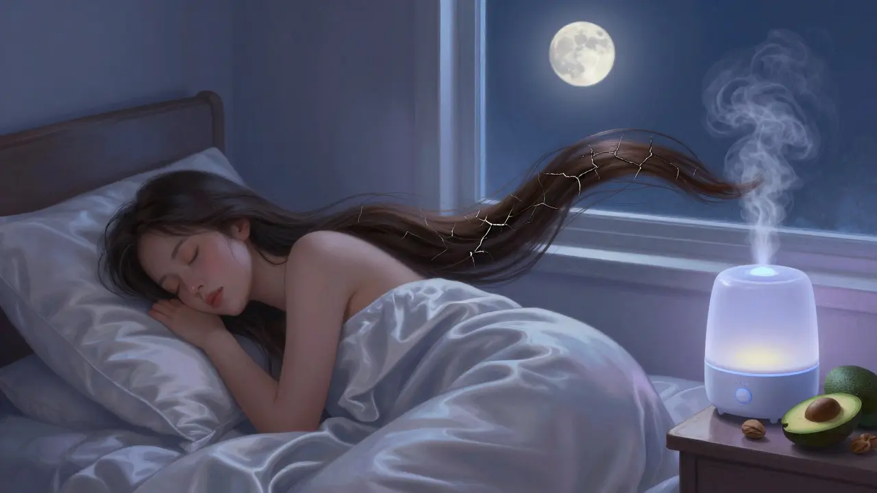 Žena spí na atlasovém polštáři, zdravé vlasy se pomalu obnovují v klidné noční scéně.