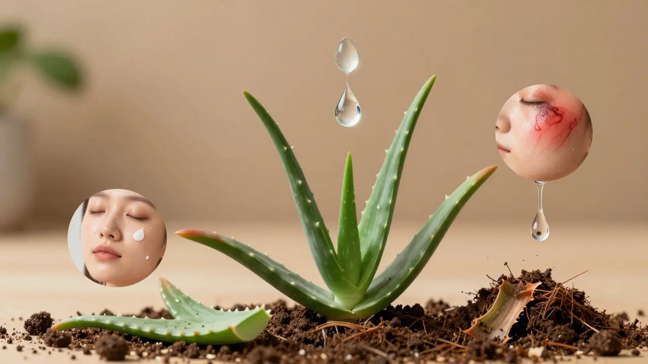 Životní cyklus aloe vera: rostlina, gel a kompostované listy v přírodní krajince.