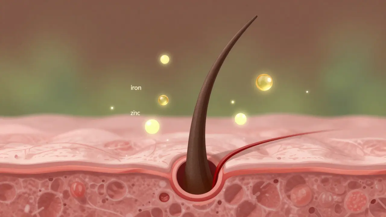 Zvětšený vlasový folikul s živinami a krevním oběhem, symbolizující regeneraci.