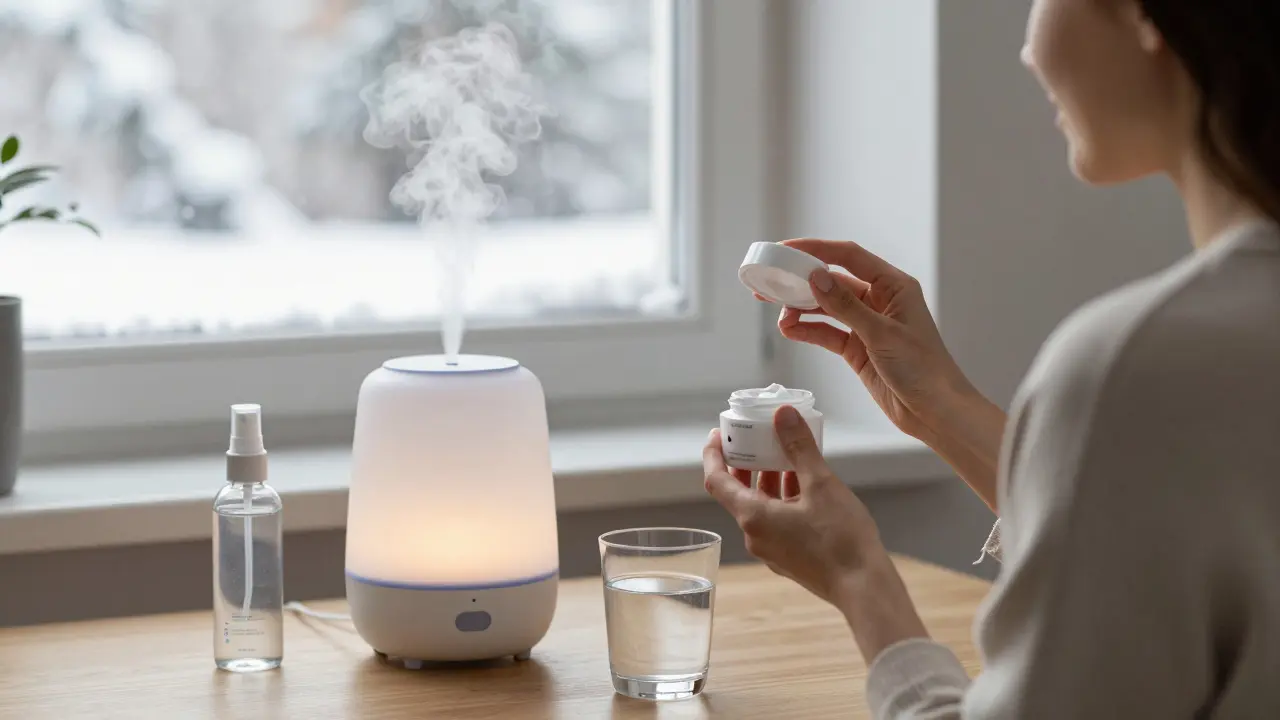 Denní péče o pokožku v zimním domě v Brně s vlhčovačem vzduchu, vodou a krémem na stole.