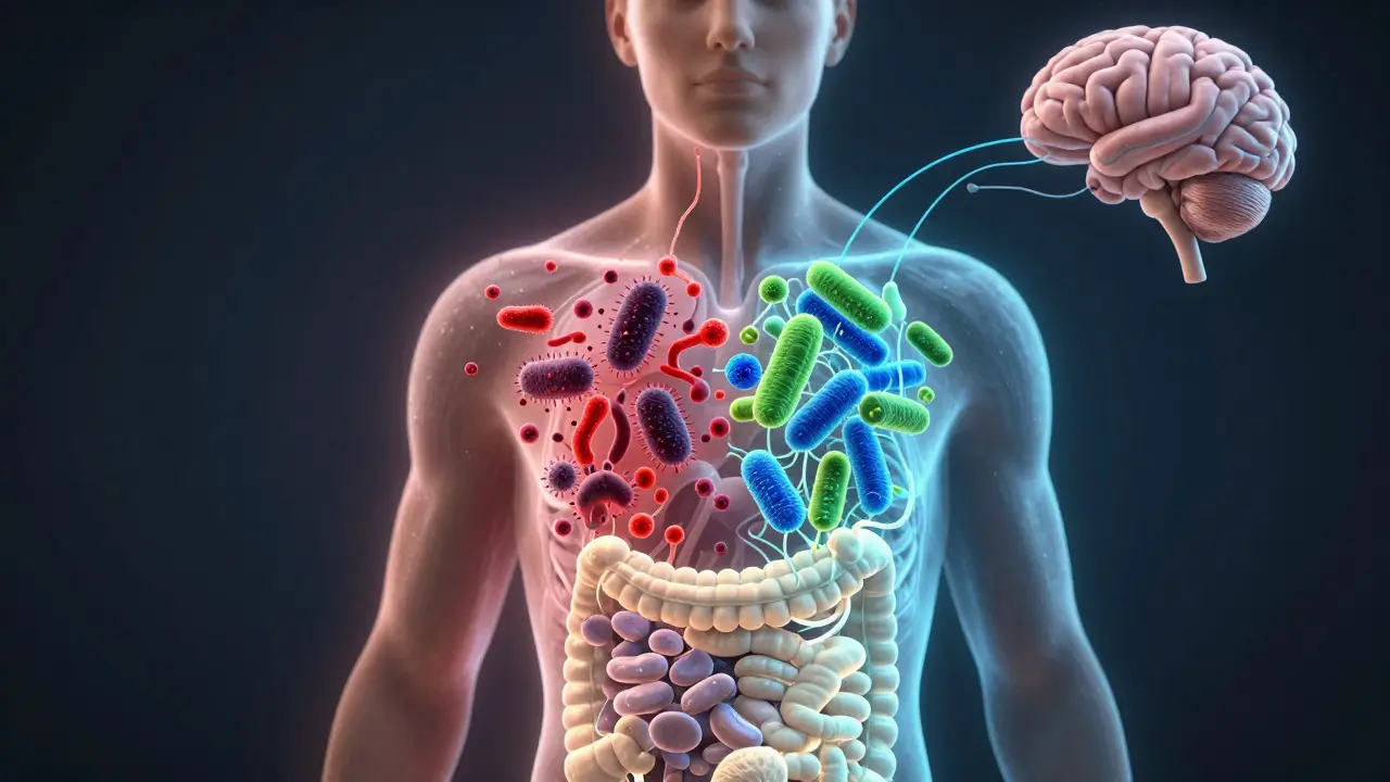 Grafické znázornění rovnováhy střevního mikrobiomu spojeného s mozkem a kůží.