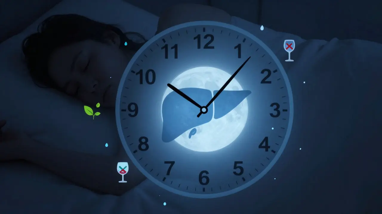 Hodiny ukazují noční období 22–2 hodiny se symbolem játra a vyloučeným alkoholem.