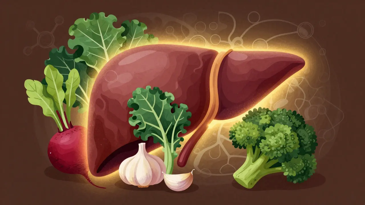 Játra obklopená zeleninou jako cibule, česnek, řepa a brokolice v přírodních tonech.