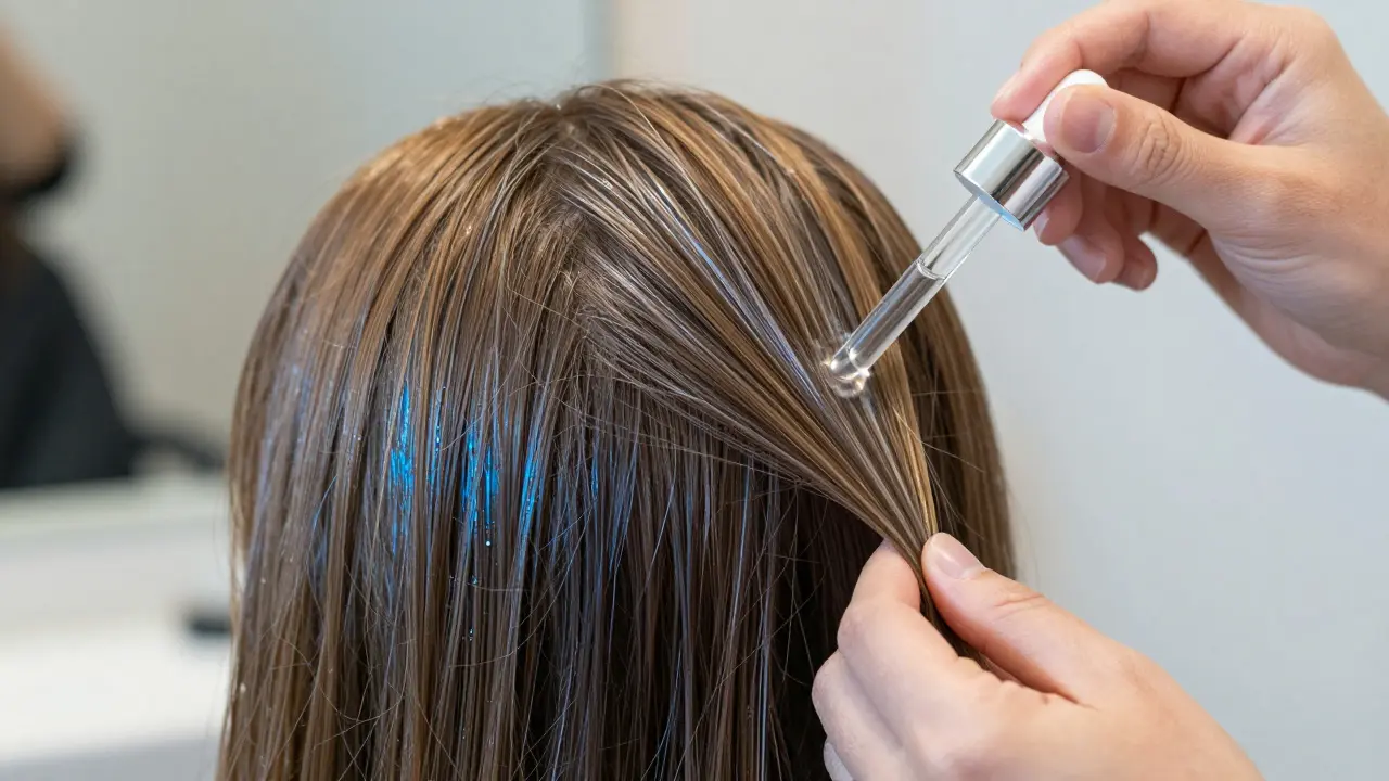 Keratinové a hyaluronové seré aplikované na poškozené vlasy.