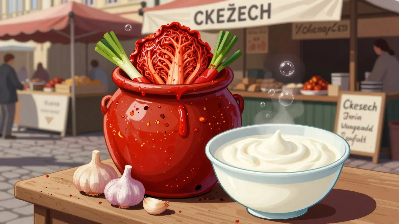 Korejský kimchi v skleněné nádobě vedle nechutněného jogurtu na českém trhu.