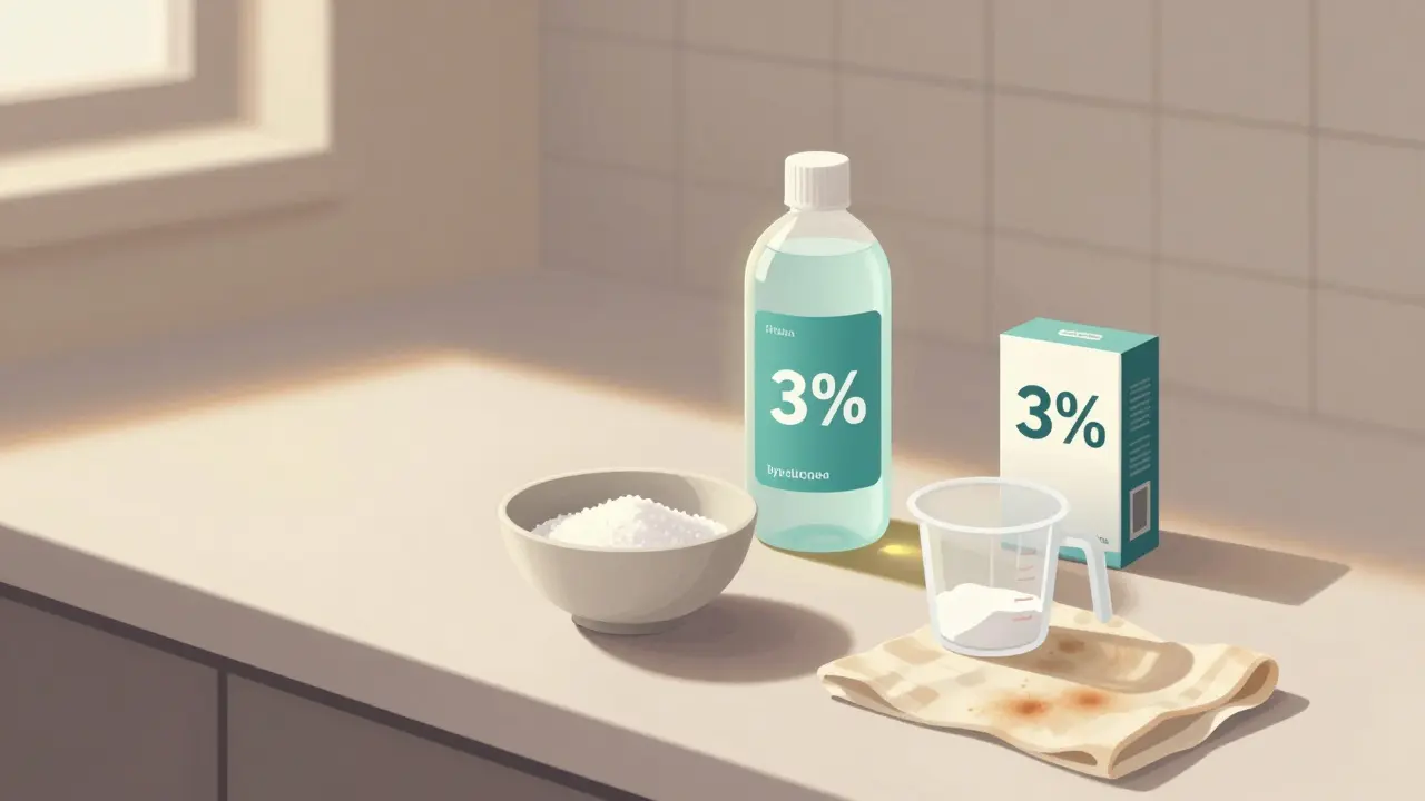 Kuchyňský stolek s peroxidem vodíku, solí a znečištěným textílem.